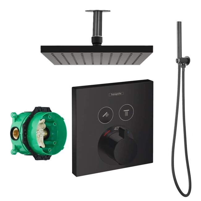 Hansgrohe Aanbieding: Complete Zwarte Regendouche plafond met Thermostaatkraan – ShowerSelect