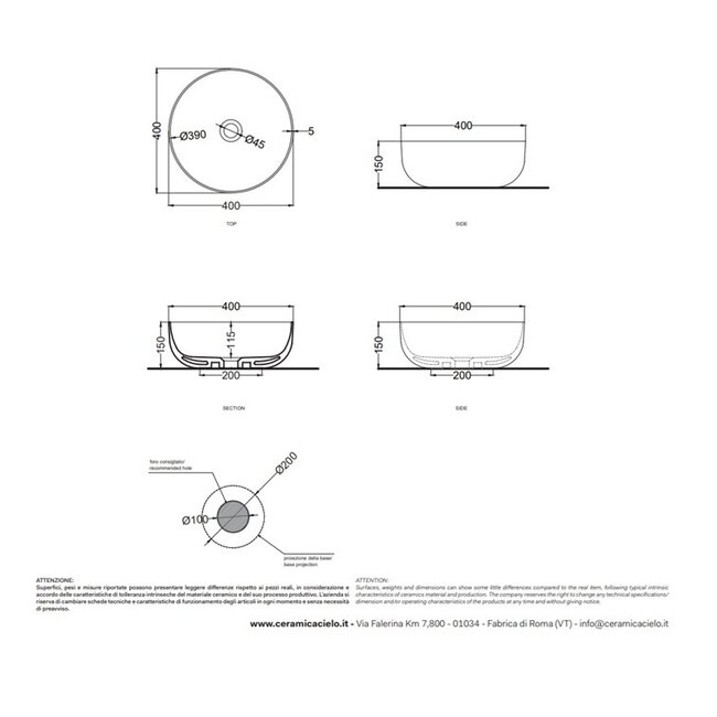 waskom keramiek Ø 40 x 15 cm -  hoogglans wit
