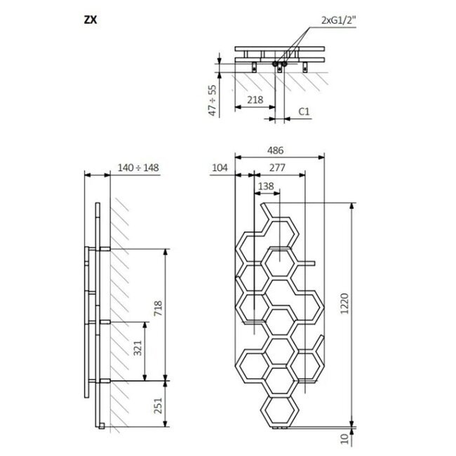 Hex design radiator 1220mm x 486mm vertical rose koper
