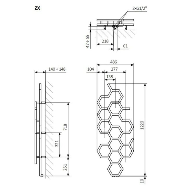Terma  Hex design radiator 1220mm x 486mm vertical gunmetal antraciet