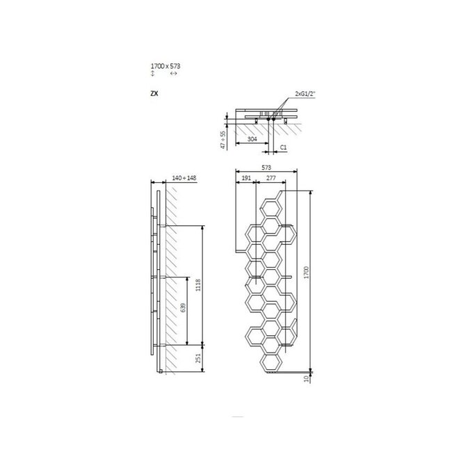 Hex Design Radiator 1700 x 573 mm - Verticaal - Gunmetal antraciet