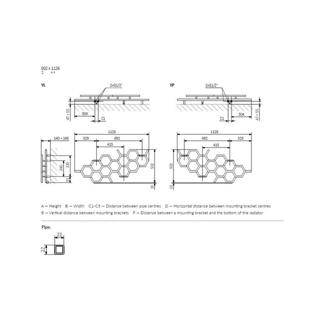 Terma  Hex Designradiator Horizontaal 502 x 1126 mm – Rosé Koper – Enkel Paneel – Moderne Wandradiator