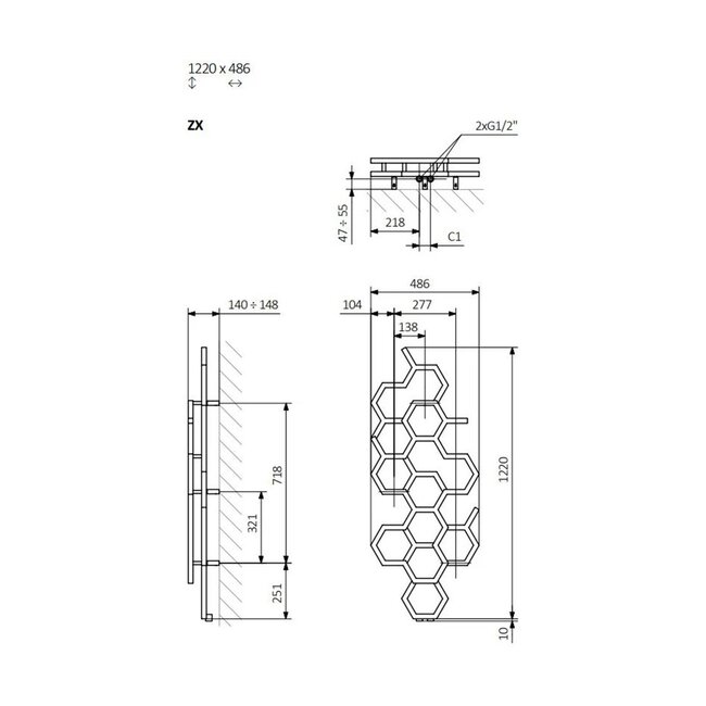 Hex design radiator 1220mm x 486mm vertical zwart