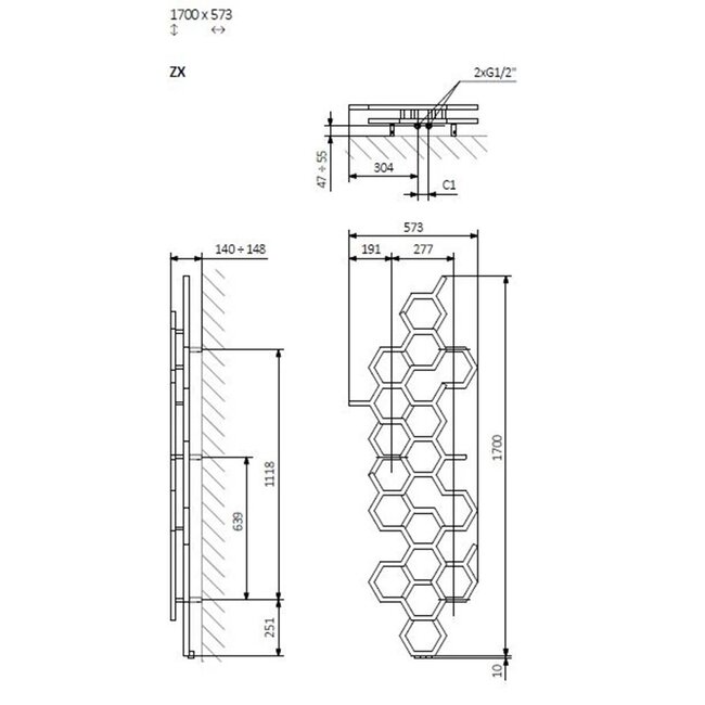 Hex Design Radiator 1700 x 573 mm - Verticaal - Zwart - Moderne Wandradiator