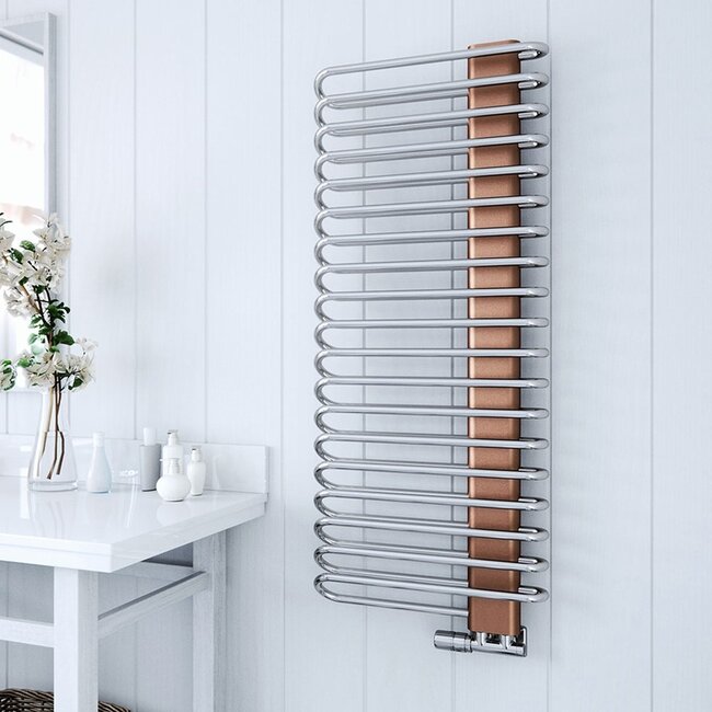 Designradiator Michelle – 1200x500 cm, Luxe Nikkel & Koper, Inclusief Kraan
