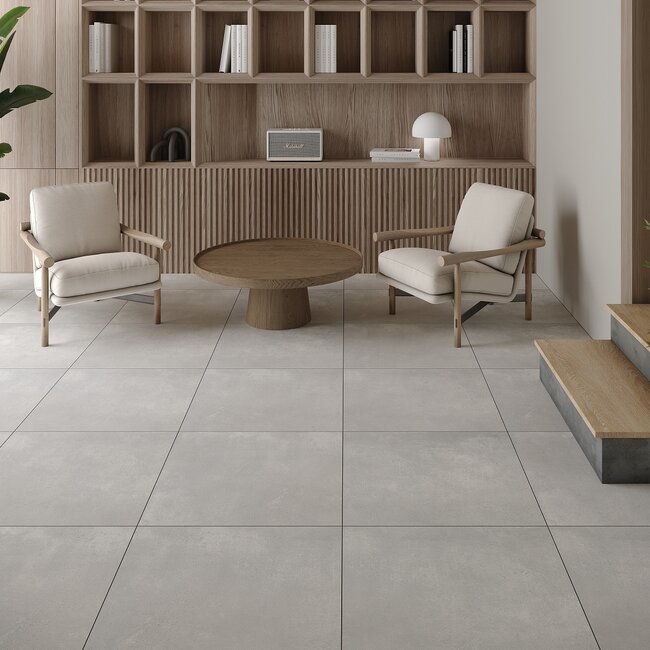 Sanitear Grijze betonlook tegel 60×60 cm – gerectificeerd – geschikt voor wand & vloer