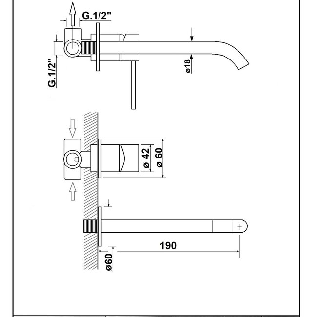 Rubinetterie Reitano  RXSteel Inbouw Wandkraan – GunMetaal – 190 mm