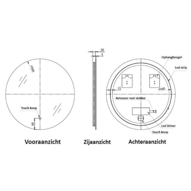 Loxa Ronde Badkamerspiegel 50 cm met Zwarte Lijst, LED Verlichting, Spiegelverwarming, Touchbediening en Dimbare Verlichting