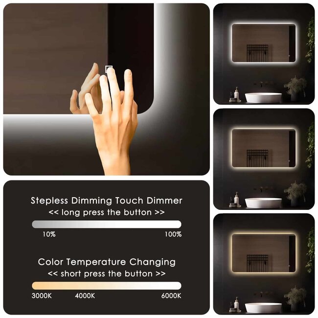 Loxa Badkamerspiegel 100x60 cm met LED Verlichting, Spiegelverwarming, Touchbediening en Dimbare Verlichting | Malaga