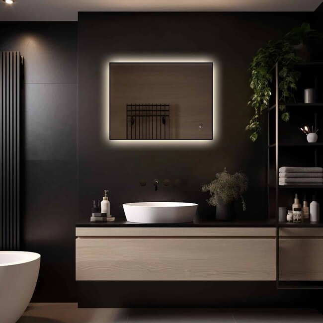 Loxa Zwarte Badkamerspiegel 80x60 cm met LED Verlichting, Spiegelverwarming, Touchbediening en Dimbare Verlichting | Sorento