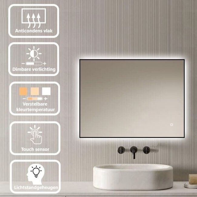 Loxa Zwarte Badkamerspiegel 80x60 cm met LED Verlichting, Spiegelverwarming, Touchbediening en Dimbare Verlichting | Sorento