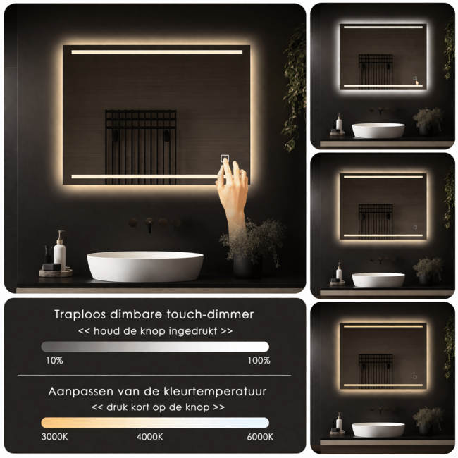 Loxa Badkamerspiegel 80x60 cm met LED Verlichting, Spiegelverwarming en Touchbediening | Felix