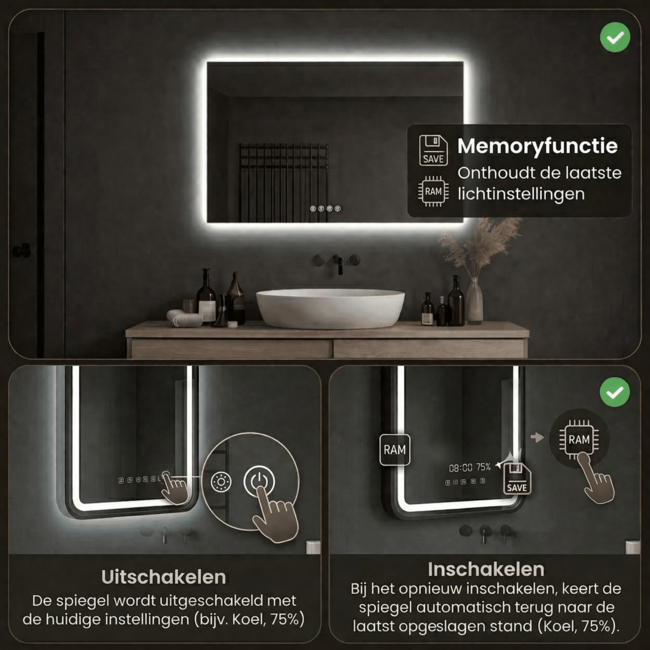 Loxa Luxe Badkamerspiegel 120x80 cm met LED Verlichting, Spiegelverwarming en Touchbediening | Lorina