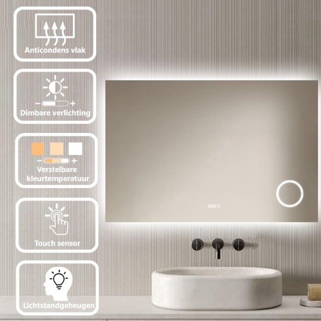 Loxa Luxe Badkamerspiegel 120x80 cm met LED Verlichting, Spiegelverwarming en Touchbediening | Lorina