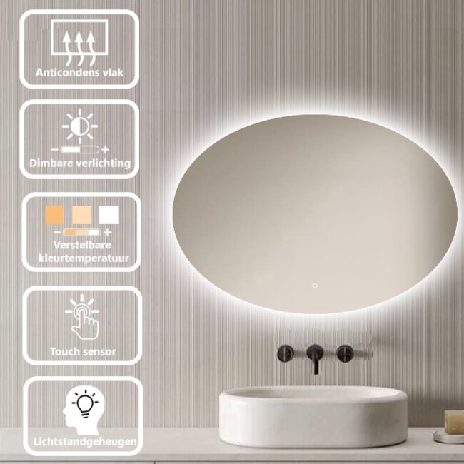 Loxa Badkamerspiegel 100x70 cm met Afgeronde Hoeken, LED Verlichting, Spiegelverwarming en Touchbediening | Rondo