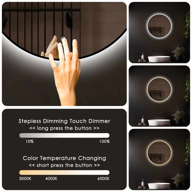 Loxa Ronde Badkamerspiegel 100 cm met Zwarte Lijst, LED Verlichting, Spiegelverwarming en Touchbediening | Ilona