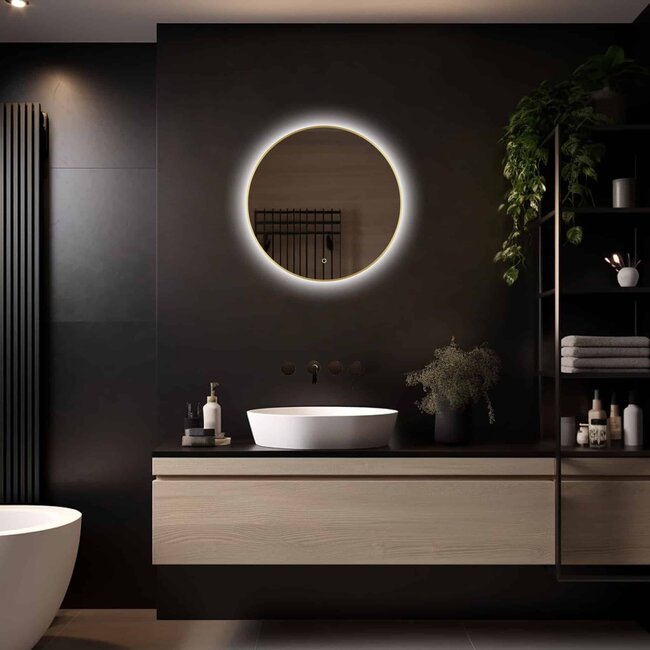 Loxa Luxe Badkamerspiegel 50x50 cm Goud met LED Verlichting, Spiegelverwarming en Touchbediening | Aurora