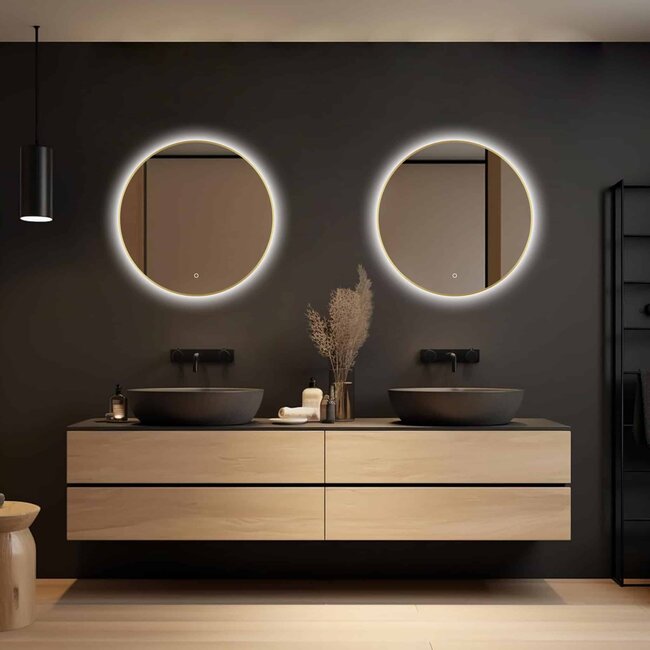 Loxa Vierkante Badkamerspiegel 70x70 cm Goud met LED Verlichting, Spiegelverwarming en Touchbediening | Aurora
