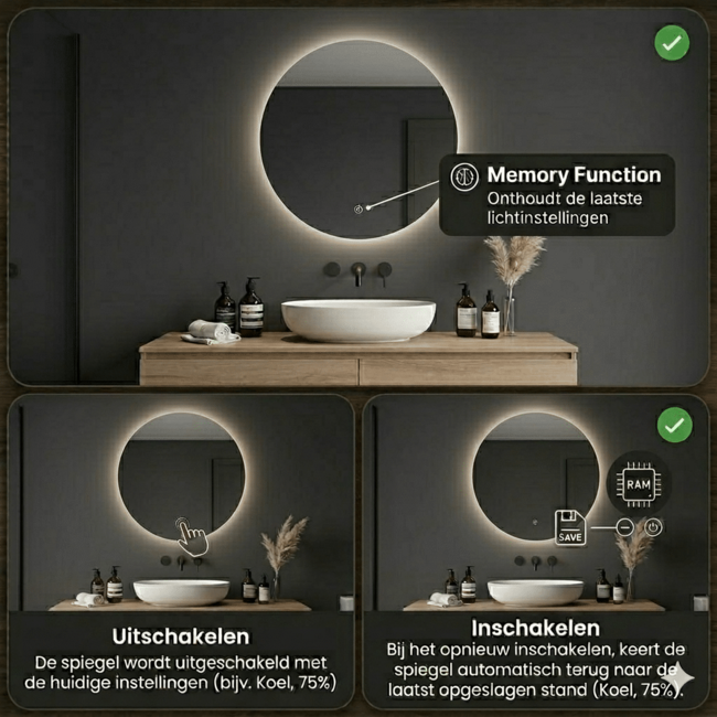 Loxa Vierkante Badkamerspiegel 70x70 cm Goud met LED Verlichting, Spiegelverwarming en Touchbediening | Aurora