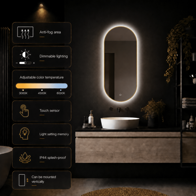 Loxa Badkamerspiegel 40x80 cm Goud met LED Verlichting, Spiegelverwarming en Touchbediening | Aurelia