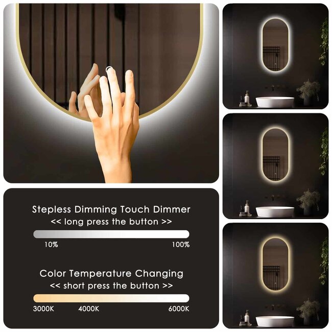 Loxa Badkamerspiegel 40x80 cm Goud met LED Verlichting, Spiegelverwarming en Touchbediening | Aurelia