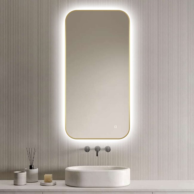 Loxa Badkamerspiegel 100x50 cm Goud met LED Verlichting, Spiegelverwarming en Touchbediening | Milano