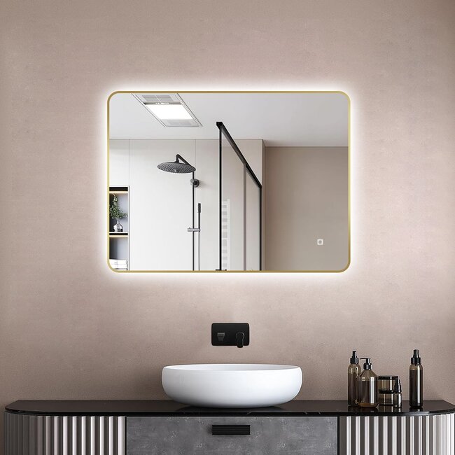 Loxa Luxe Badkamerspiegel 80x60 cm Goud met LED, Spiegelverwarming en Touchbediening | Marbella