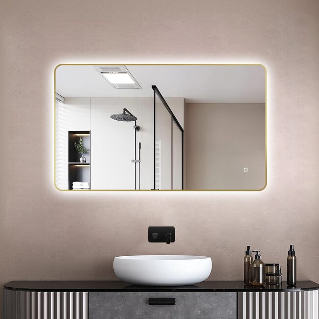 Loxa Luxe Badkamerspiegel 100x60 cm Goud met LED, Spiegelverwarming en Touchbediening | Marbella
