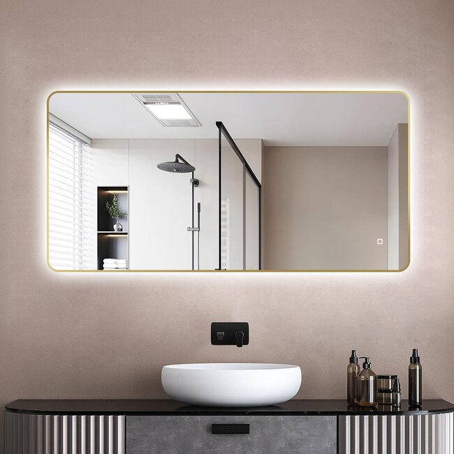 Loxa Luxe Badkamerspiegel 120x60 cm Goud met LED Verlichting, Spiegelverwarming, Dimbare Verlichting en Touchbediening | Marbella