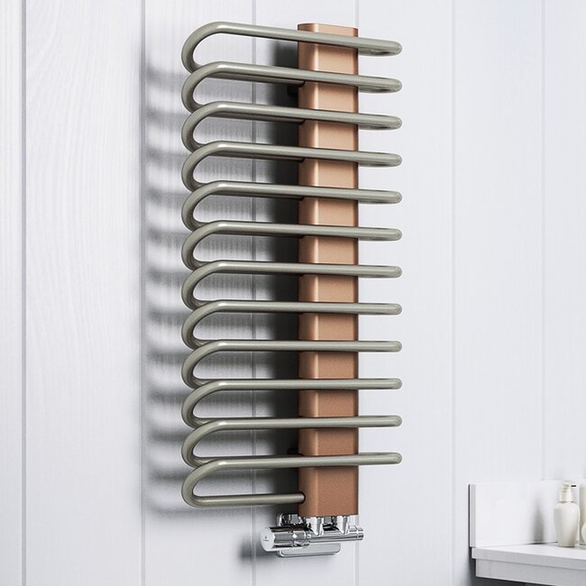 Elektrische Design Badkamerradiator 780 × 400 mm – Compacte handdoekradiator in nikkel/koper met elektrisch verwarmingselement