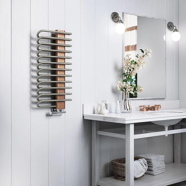 Elektrische Design Badkamerradiator 780 × 400 mm – Compacte handdoekradiator in nikkel/koper met elektrisch verwarmingselement