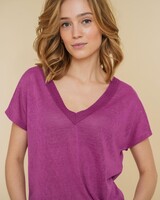 Geisha Fashion Women 42400-24   T-shirt fake linen with tape Purple