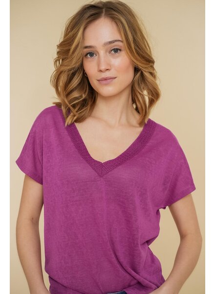 Geisha Fashion Women 42400-24   T-shirt fake linen with tape Purple