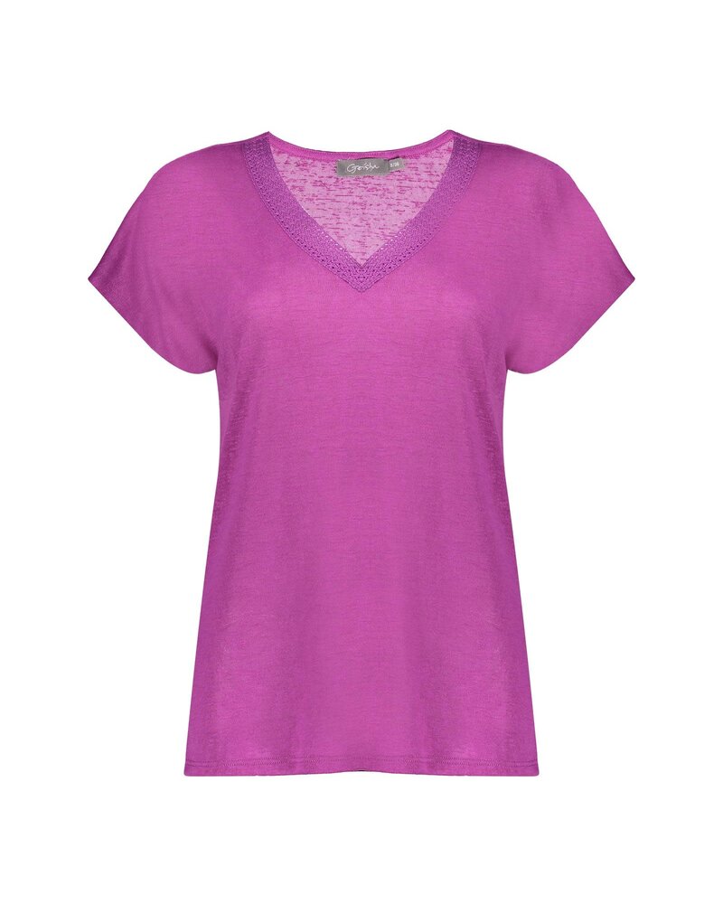 Geisha Fashion Women 42400-24   T-shirt fake linen with tape Purple