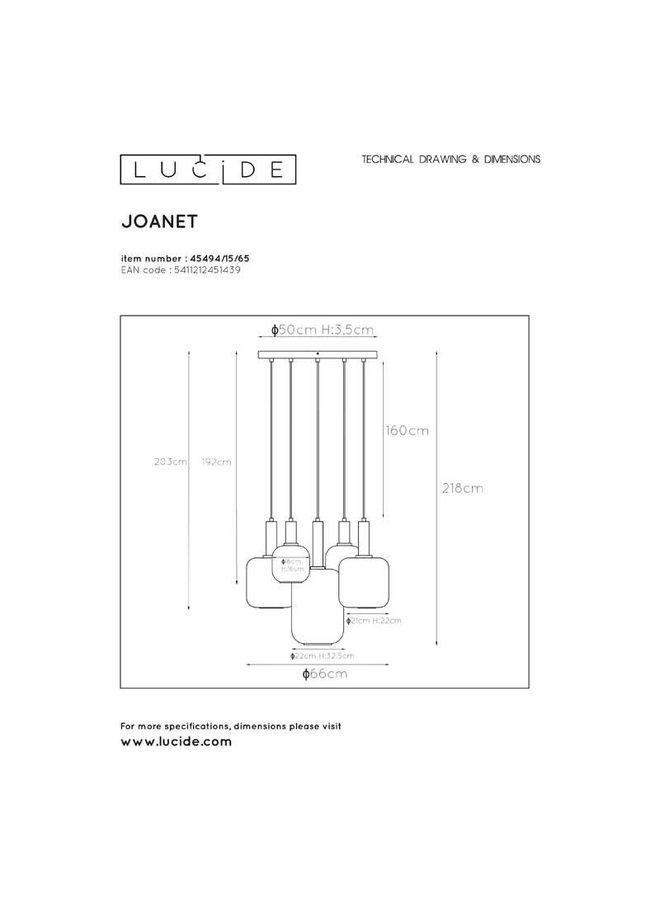 LED Hanglamp JOANET mat goud - 5x E27 fitting - Fumé