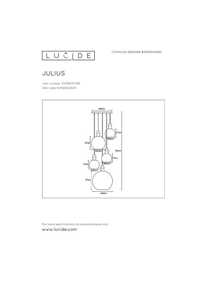LED Hanglamp JULIUS zwart - 5x E27 fitting - Fumé