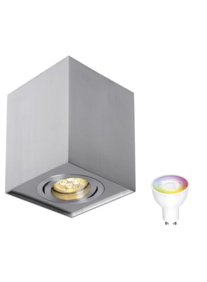 WiFi LED plafondspot - Cube vierkant - Zilver Aluminium -  met GU10 fitting - kantelbaar - Bediening via de app