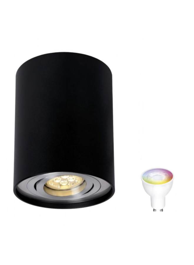 WiFi LED plafondspot - Tube rond - Zwart Aluminium - met GU10 fitting - kantelbaar - Bediening via de app