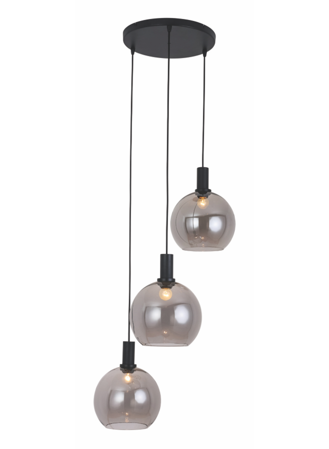 Hanglamp Chandra 3-lichts Rond Zwart/Smoke Glas