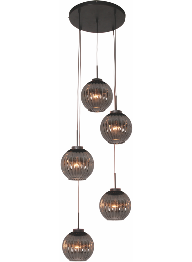 Hanglamp Zucca 5-lichts Rond Zwart-Smoke Glas