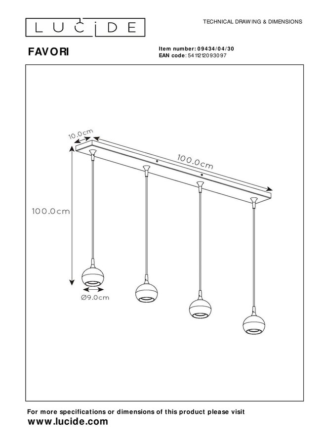 LED Hanglamp 4xGU10 -  Favori - zwart rond  -  Ø9 cm - Excl. lichtbron