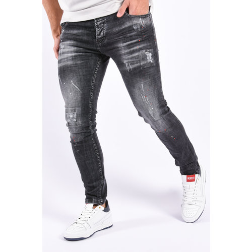 Y Skinny Fit Stretch Jeans “ Kai “   Black Washed Red Splashes