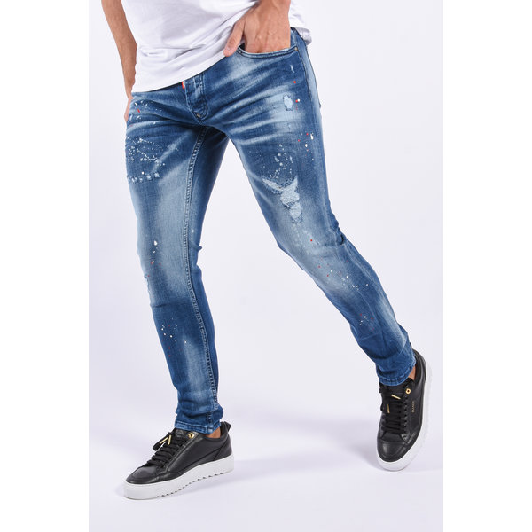 Y Skinny Fit Stretch Jeans “Timur” Blue Washed - Red/White Splashed