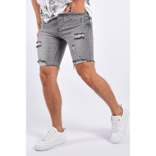 Y Skinny Fit Stretch Shorts “Leo” Grey Washed  Shredded