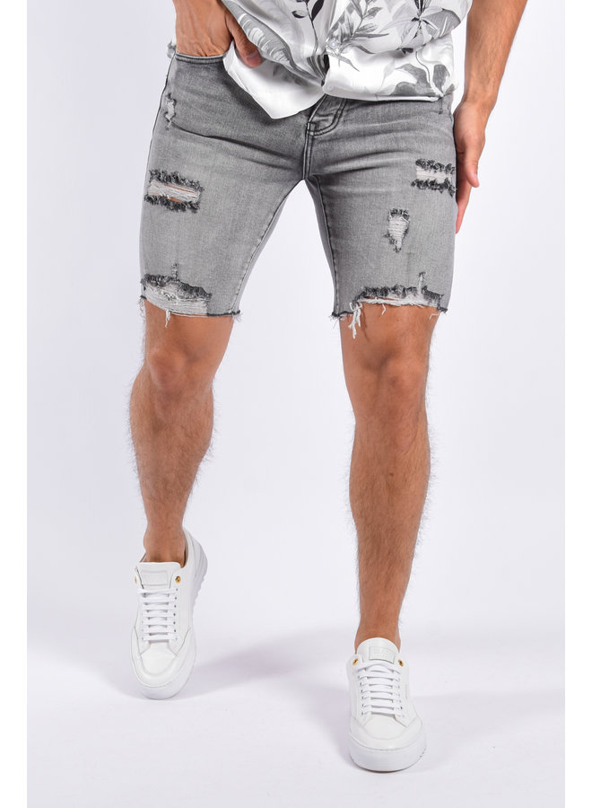 Skinny Fit Stretch Shorts “Leo” Grey Washed  Shredded