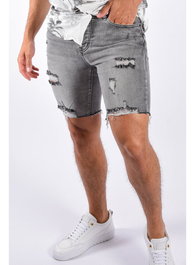 Skinny Fit Stretch Shorts “Leo” Grey Washed  Shredded