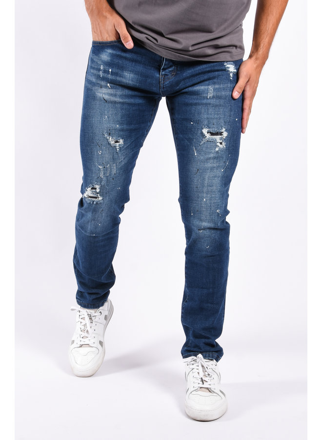 Slim Fit Stretch Jeans “Thomas” Blue White / Black Splashes