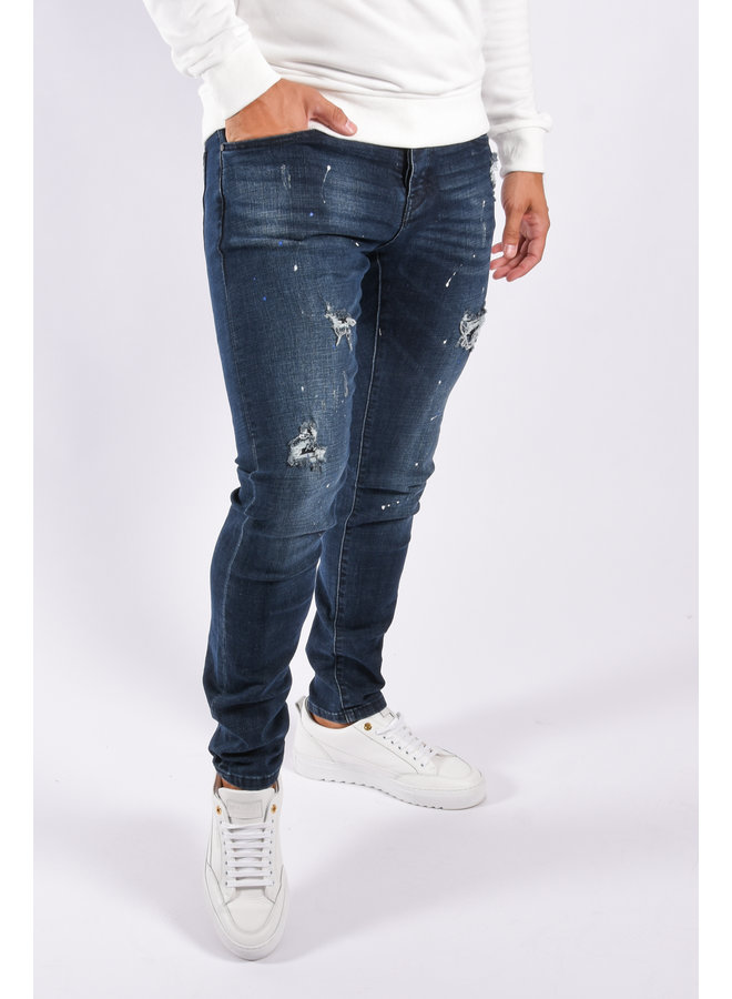 Slim Fit Stretch Jeans “Thomas” Dark Blue White / Blue Splashes