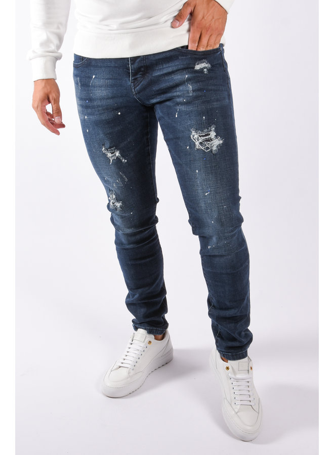 Slim Fit Stretch Jeans “Thomas” Dark Blue White / Blue Splashes