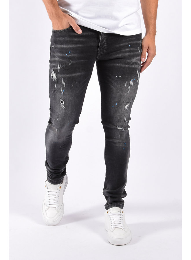 Slim Fit Stretch Jeans “Joshua” Black  Blue / White Splashes